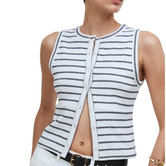 Madewell Cotton Blend Split Crewneck Cardigan Tank Cream Navy Size XS - Picture 2 of 12